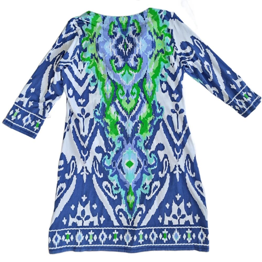 BARBARA ERICKSON 3/4 Sleeve Tunic Dress Size XL Capri Blue Ikat Coastal Resort - Picture 3 of 8